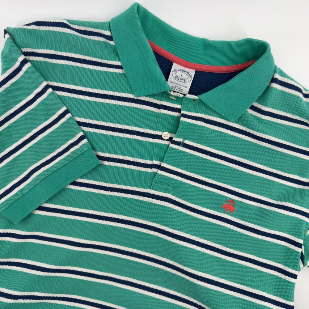Brooks Brothers Mens Performance Polo L Slim Fit Green Striped Cotton Pique